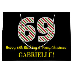 Happy 69th Birthday & Merry Christmas, Custom Name Large Gift Bag