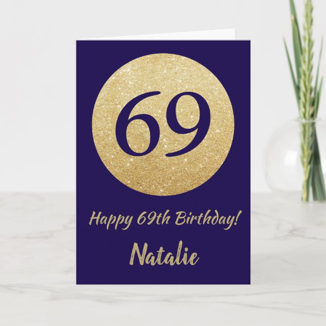 Happy 69th Birthday Navy Blue and Gold Glitter Card (Front)