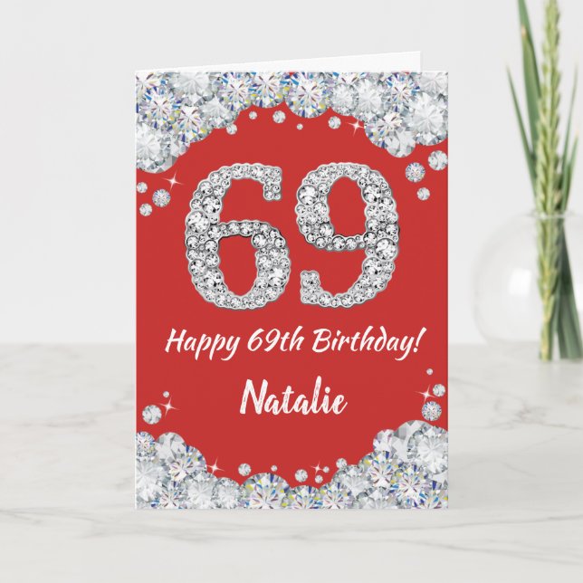 Happy 69th Birthday Red and Silver Glitter Card (Front)