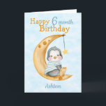 Happy 6 Month Birthday Penguin and Moon Blue Card<br><div class="desc">A cute 6 month baby penguin birthday card. The card features a baby boy penguin sitting on a crescent moon . A sweet design for a little boy who will be half a year old. Can be customized by amending the titles and age then personalize it by adding the baby's...</div>