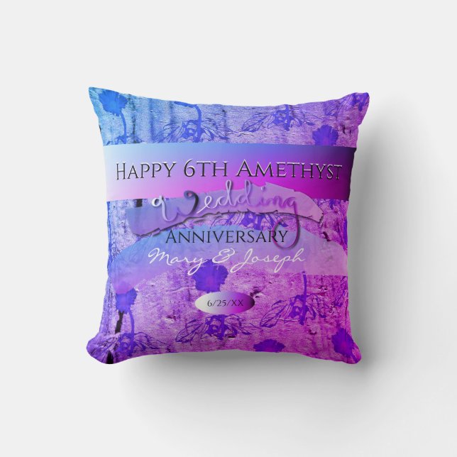 "Happy 6th Amethyst Wedding Anniversary" Cushion (Front)