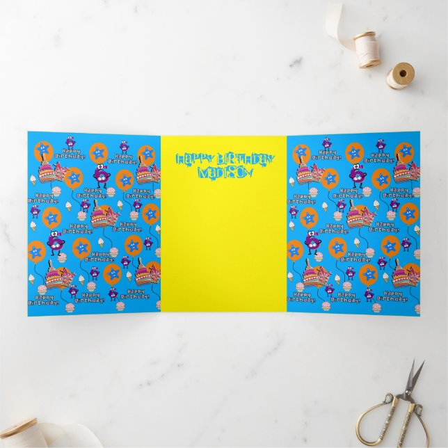 Happy 6th Birthday Card, #6 Blue & Yellow Tri-Fold Card (Inside)