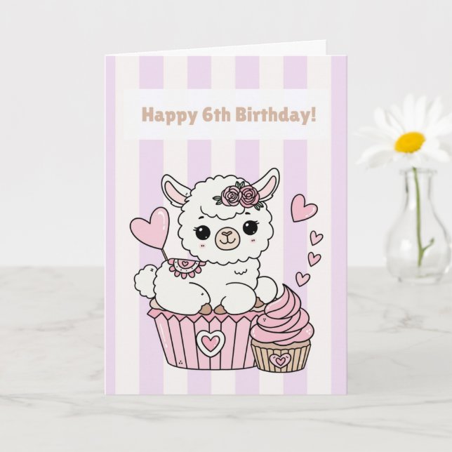 Happy 6th Birthday Cute Llama Girl Card (Small Plant)