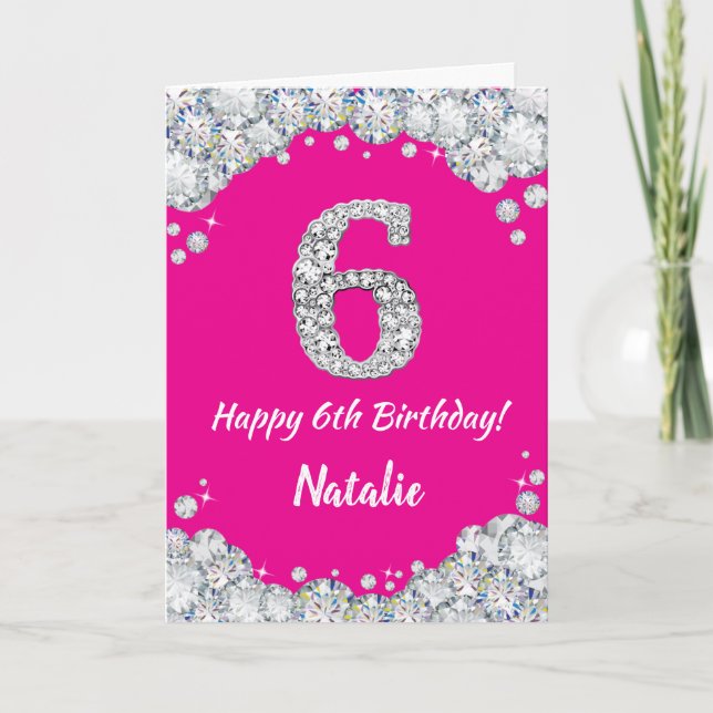 Happy 6th Birthday Hot Pink and Silver Glitter Card (Front)