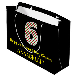 Happy 6th Birthday & Merry Christmas, Custom Name Large Gift Bag