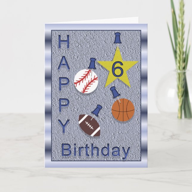 Happy 6th Birthday Sports Themed Card (Front)