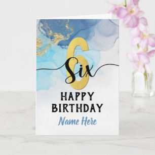 Happy 6th Birthday Watercolor Blue & gold Boy Card