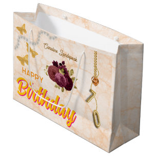 Happy 70 Birthday Burgundy Roses & Gold Jewels Large Gift Bag