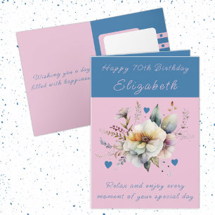 Happy 70th Birthday add name floral blue Card