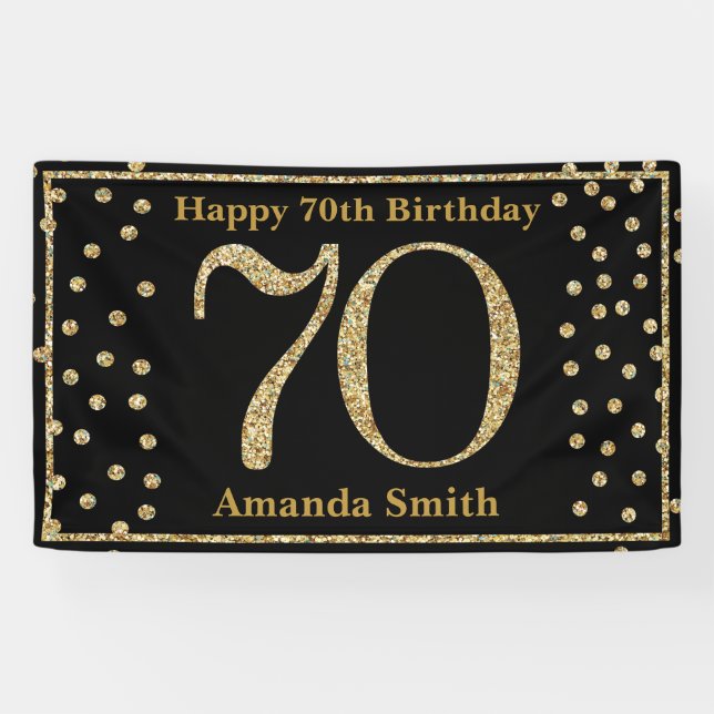 Happy 70th Birthday Banner Black and Gold Glitter (Horizontal)