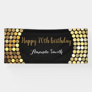 Happy 70th Birthday Banner Black and Gold Glitter
