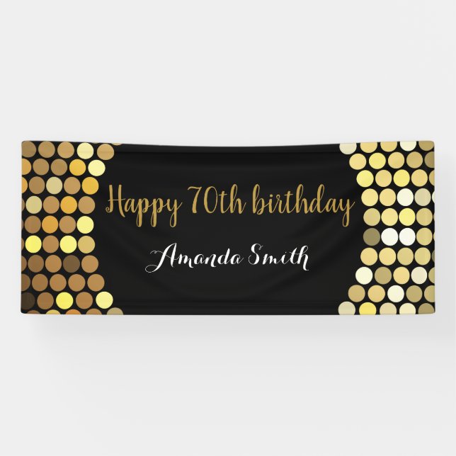 Happy 70th Birthday Banner Black and Gold Glitter (Horizontal)