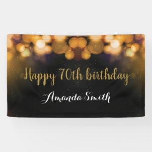 Happy 70th Birthday Banner. Black and Gold Glitter Banner