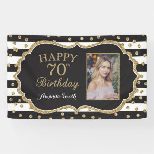 Happy 70th Birthday Banner. Gold Glitter Photo Banner