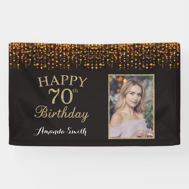Happy 70th Birthday Banner. Gold Glitter Photo Banner (Horizontal)