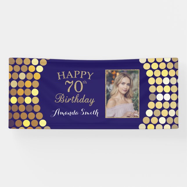 Happy 70th Birthday Banner. Navy Blue Gold Photo Banner (Horizontal)