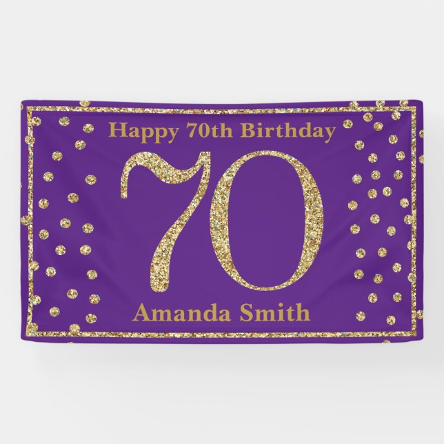 Happy 70th Birthday Banner Purple and Gold Glitter (Horizontal)
