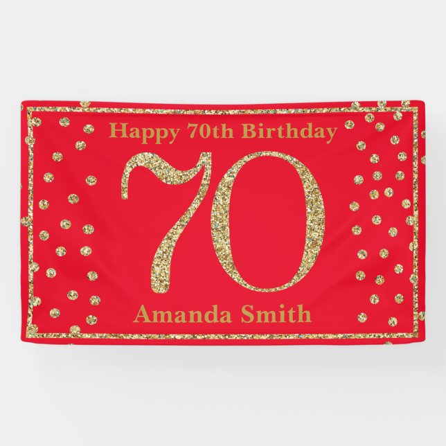 Happy 70th Birthday Banner Red and Gold Glitter (Horizontal)