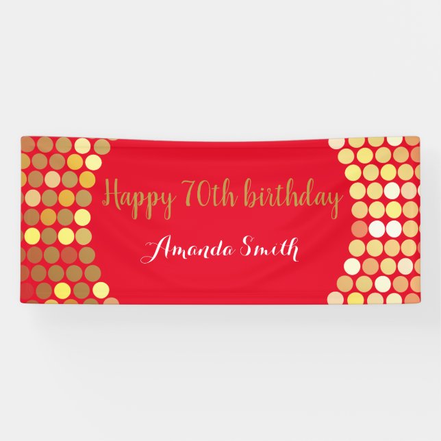 Happy 70th Birthday Banner Red Gold Glitter (Horizontal)