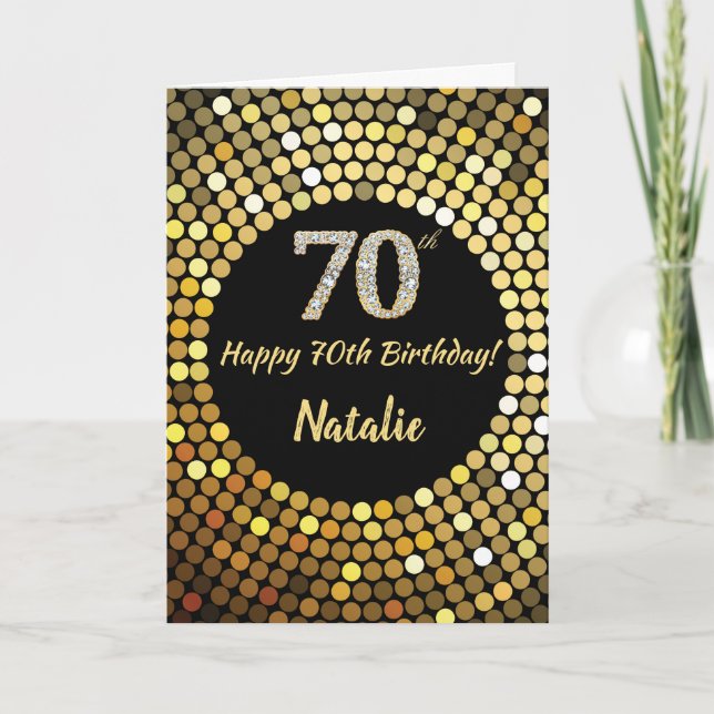 Happy 70th Birthday Black and Gold Glitter Card (Front)