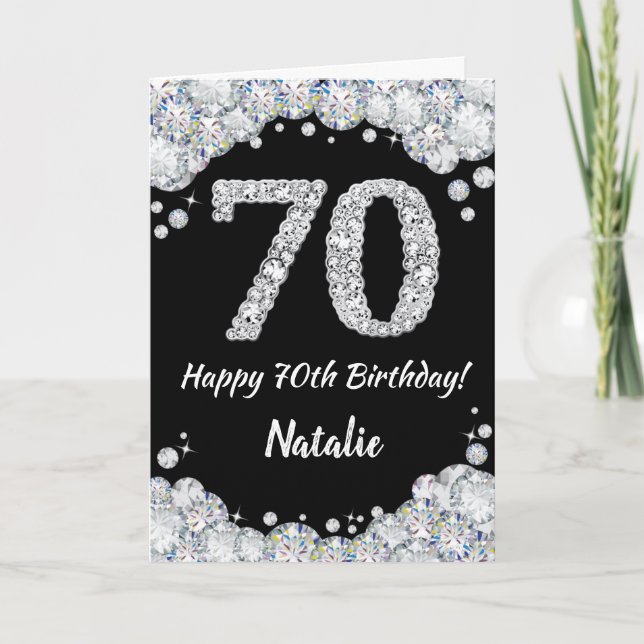 Happy 70th Birthday Black and Silver Glitter Card (Front)