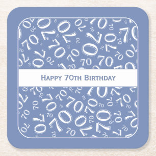 "Happy 70th Birthday" Blue/White Number Pattern Square Paper Coaster
