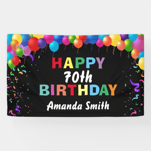 Happy 70th Birthday Colourful Balloons Confetti Banner (Horizontal)