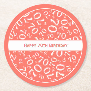 "Happy 70th Birthday" Coral/White Number Pattern Round Paper Coaster