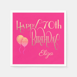 Happy 70th Birthday Decorative Script Gold Pink Napkin