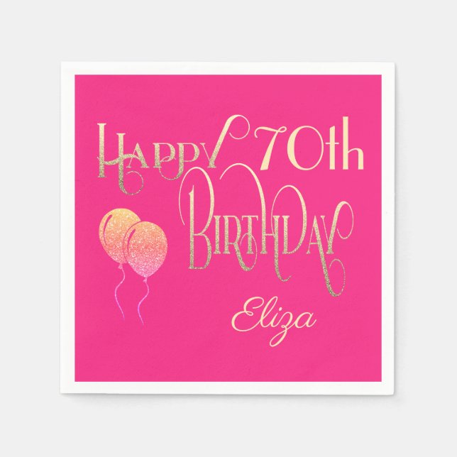 Happy 70th Birthday Decorative Script Gold Pink Napkin (Front)
