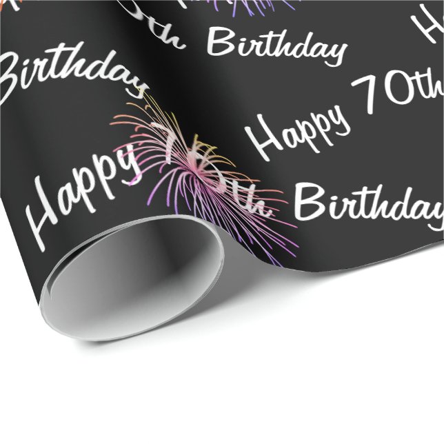 Happy 70th Birthday fireworks on black Wrapping Paper (Roll Corner)