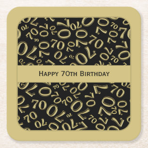 "Happy 70th Birthday" Gold/Black Number Pattern Square Paper Coaster
