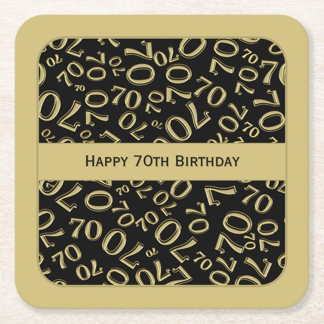 "Happy 70th Birthday" Gold/Black Number Pattern Square Paper Coaster (Front)