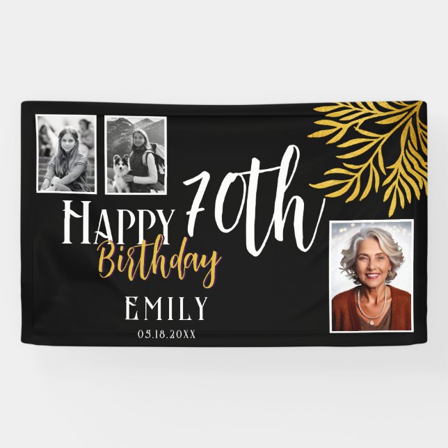Happy 70th Birthday Gold Foliage 3 Photo Backdrop Banner (Horizontal)