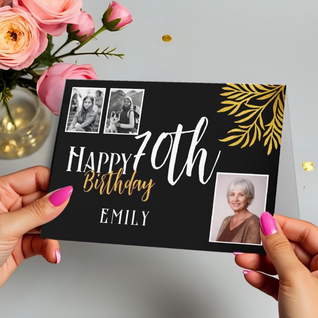 Happy 70th Birthday Gold Foliage 3 Photo Card (Creator Uploaded)