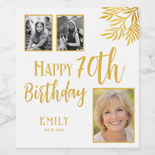 Happy 70th Birthday Gold Foliage 3 Photo Wine Label