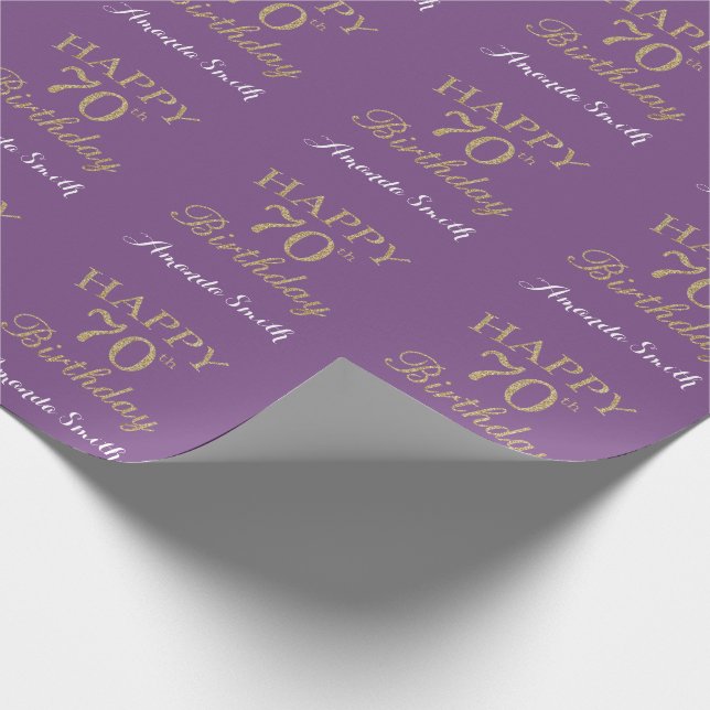 Happy 70th Birthday Gold Glitter and Purple Wrapping Paper (Corner)