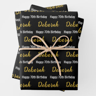 Happy 70th Birthday Gold Name Black and White Wrapping Paper Sheet