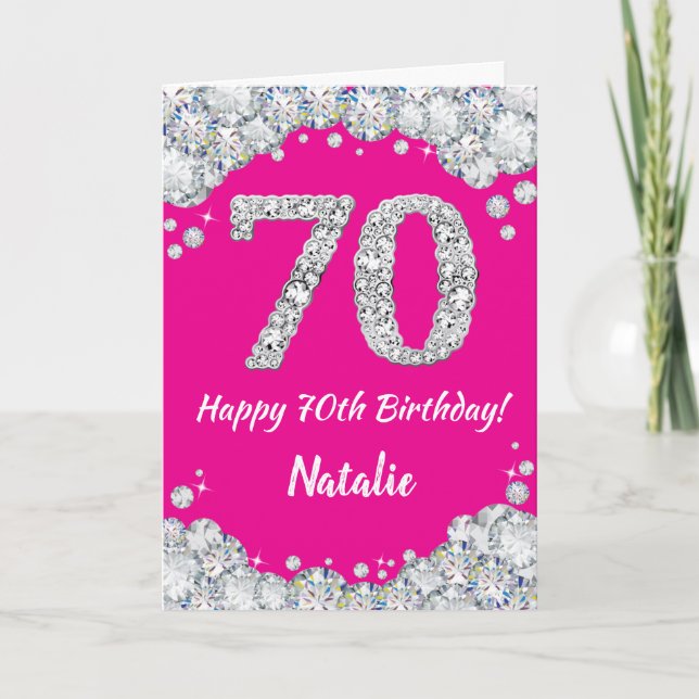 Happy 70th Birthday Hot Pink and Silver Glitter Card (Front)