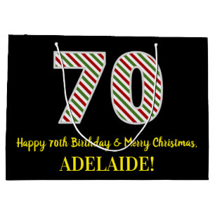 Happy 70th Birthday & Merry Christmas, Custom Name Large Gift Bag