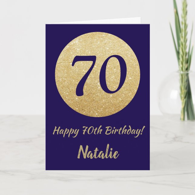 Happy 70th Birthday Navy Blue and Gold Glitter Card (Front)