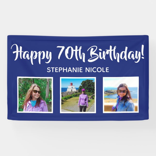 Happy 70th Birthday Navy Blue Personalised Photos Banner (Horizontal)