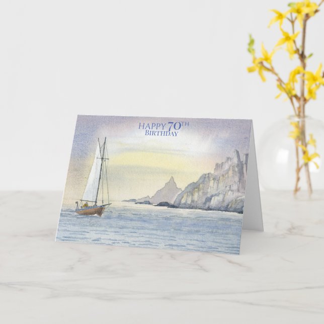 Happy 70th Birthday Ocean Boat Watercolor Card (Yellow Flower)