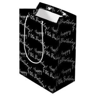 Happy 70th Birthday on black Medium Gift Bag