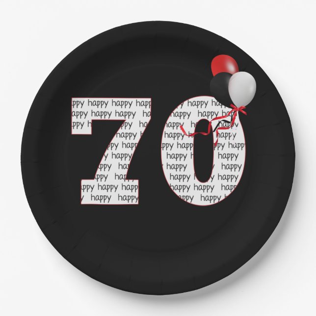 Happy 70th Birthday On Black Paper Plate (Front)