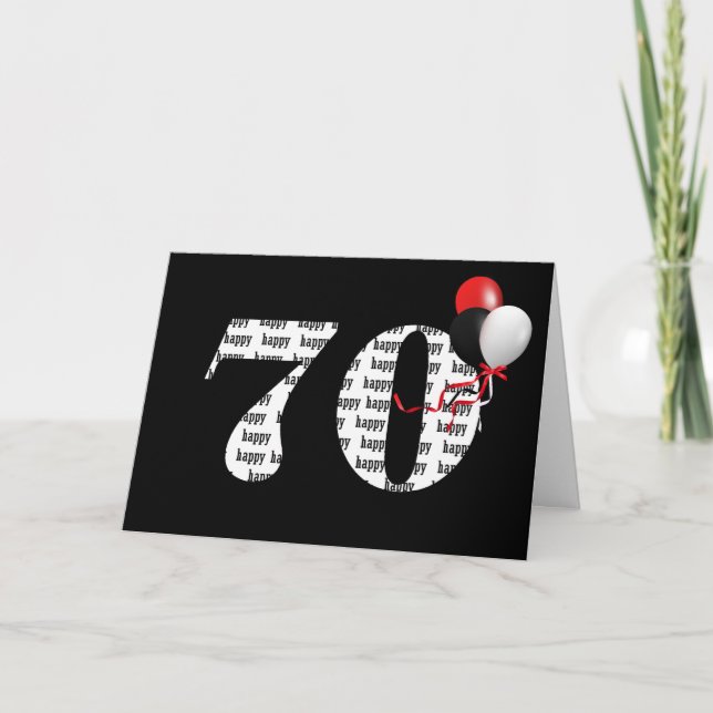 Happy 70th Birthday On Black With Balloons Card (Front)