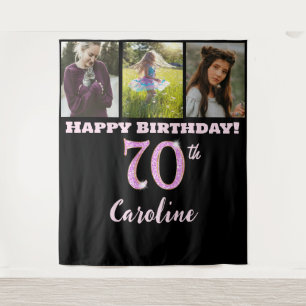 Happy 70th Birthday Party, Pink Glitter & 3 photos Tapestry