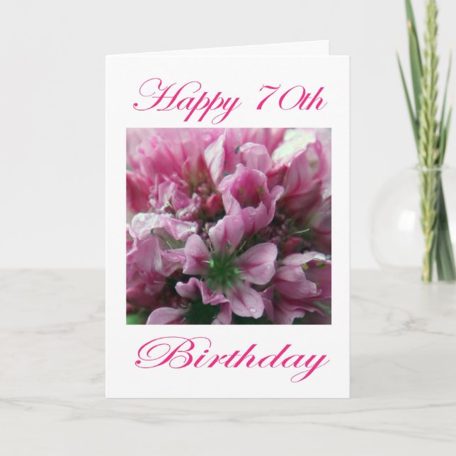 Happy 70th Birthday Pink and Green Flower Card (Front)
