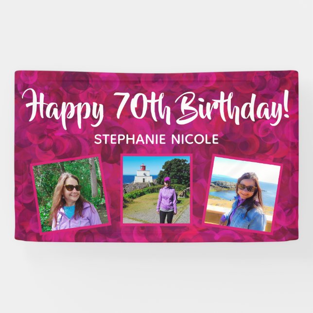 Happy 70th Birthday Pink Personalised Photos Banner (Horizontal)