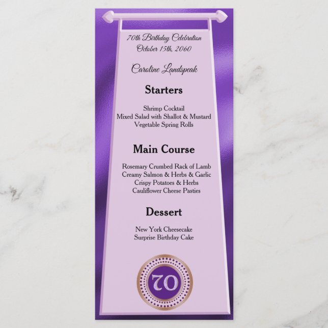 Happy 70th Birthday Purple Glitter Foil Menu (Front)